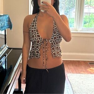 Motel Rocks Brown and White 70s Geometric Halter Tie Front Top